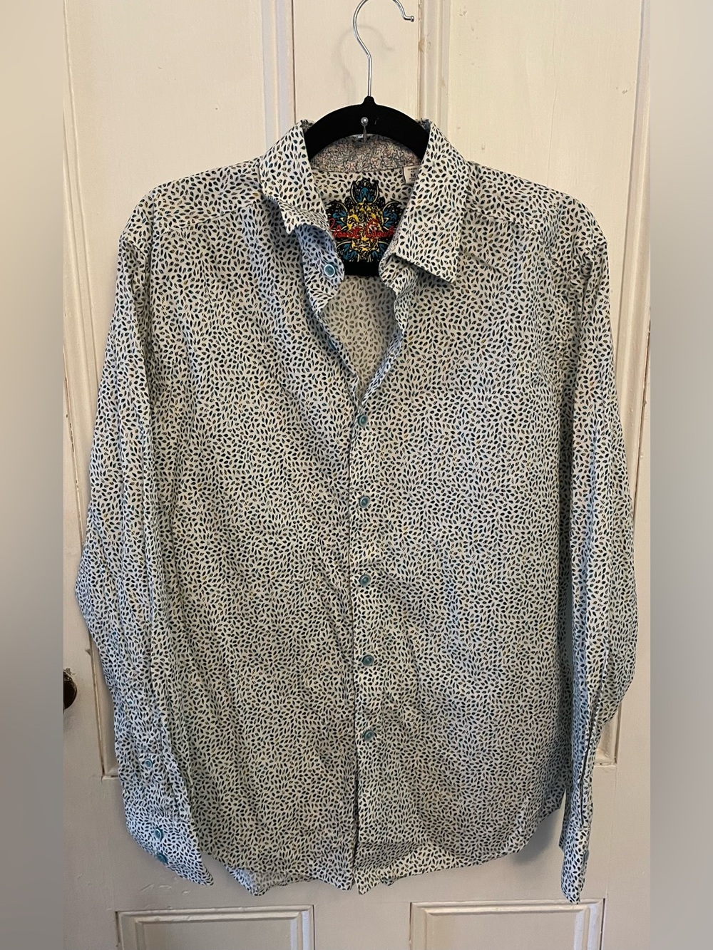 Robert Graham Men's Medium 100% Cotton White Blue Micro Print Button Down Shirt